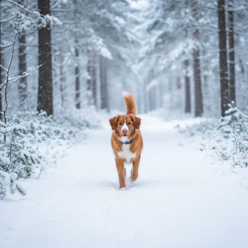 Dog running through a snowy forest
