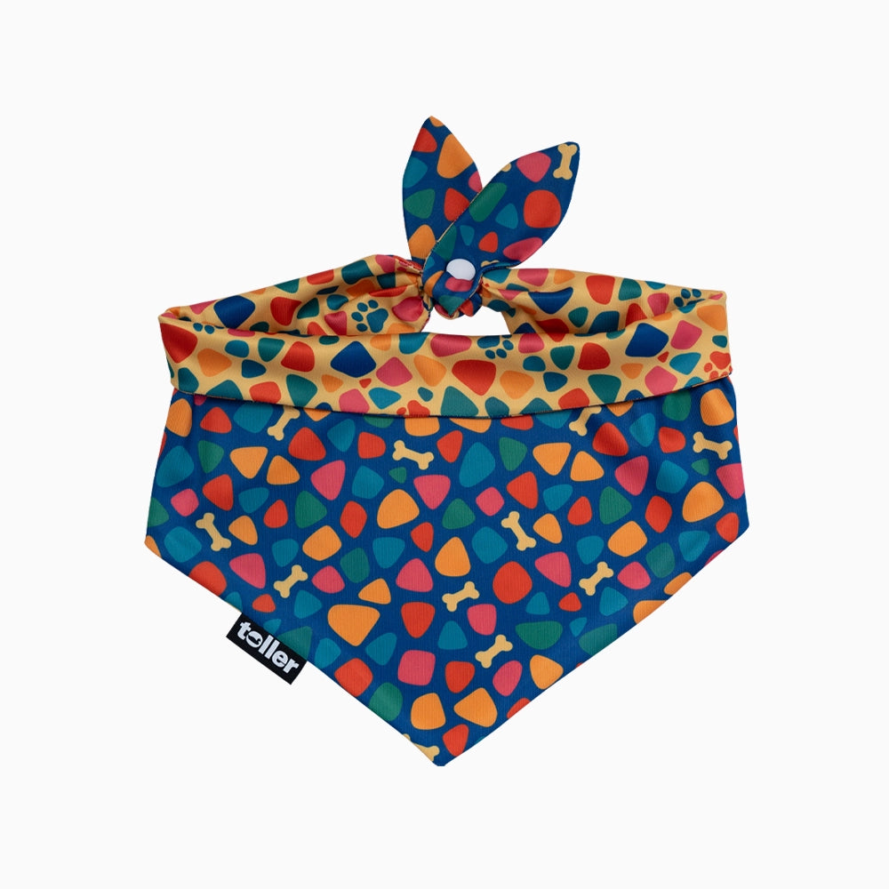 Colorful dog bandana with paw and bone patterns on a white background