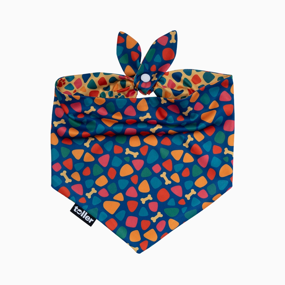 Colorful dog bandana with bone pattern on a white background