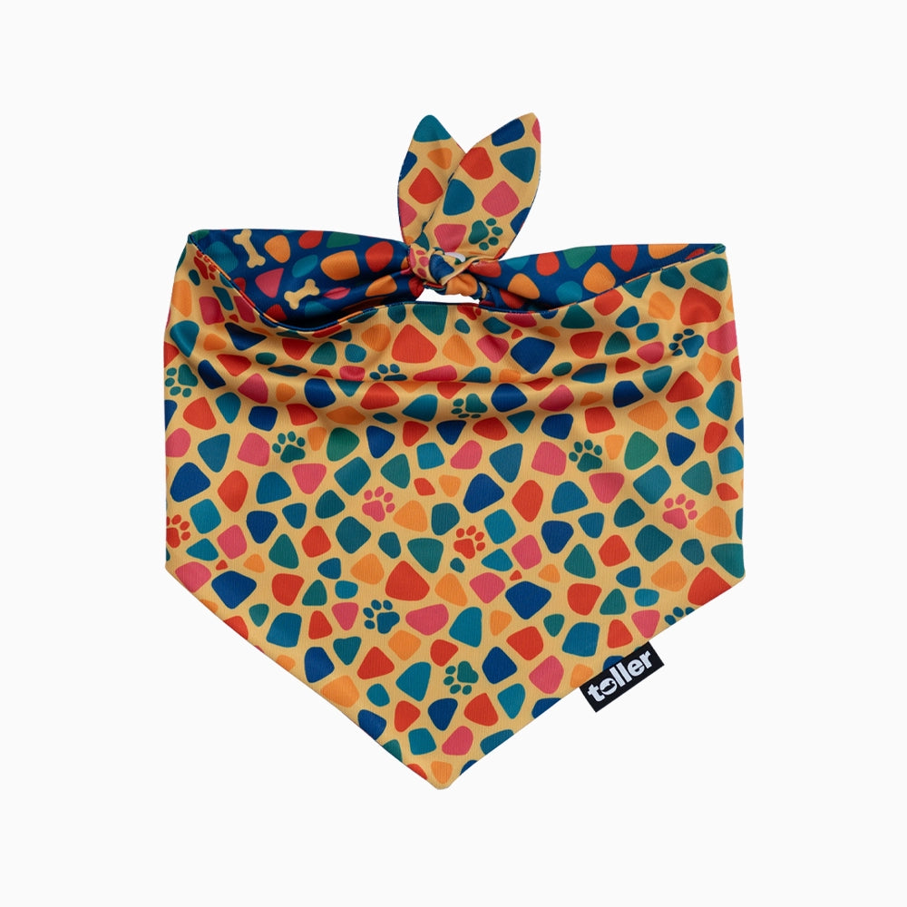 Colorful dog bandana with paw prints and bones on a white background