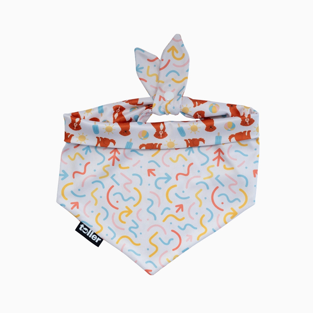 Colorful dog bandana with abstract patterns on a white background