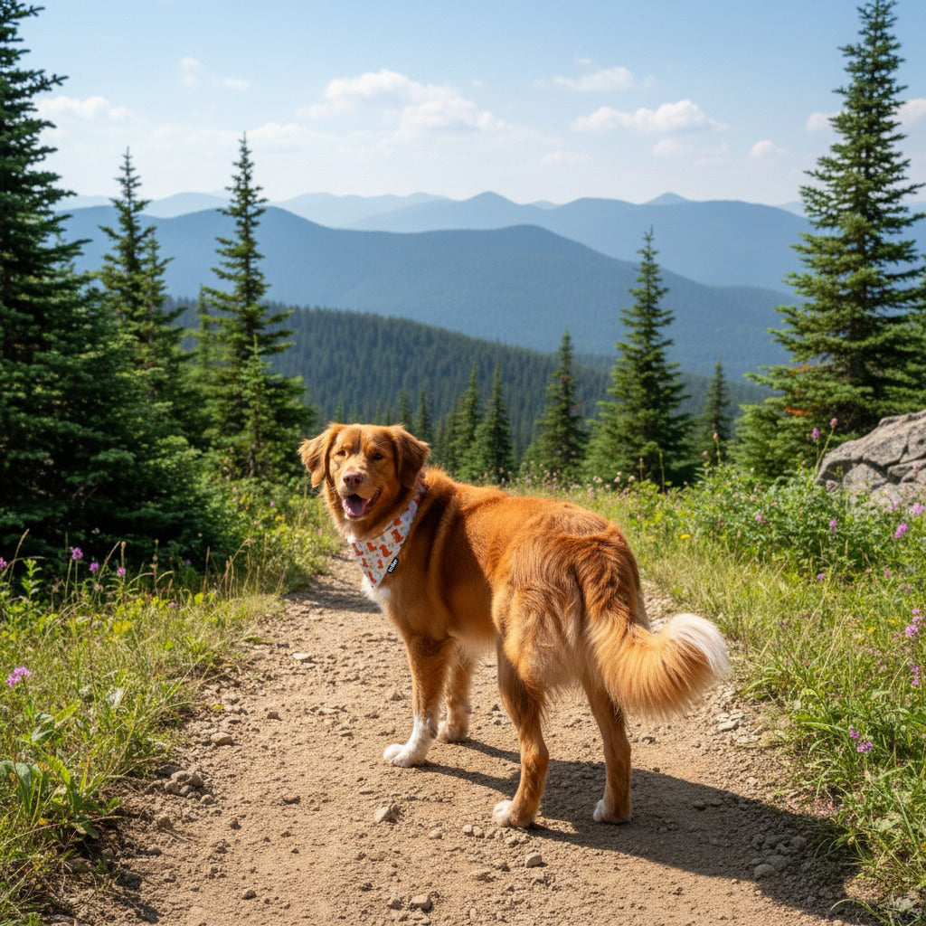Dog standing on a trail with mountains and trees in the background