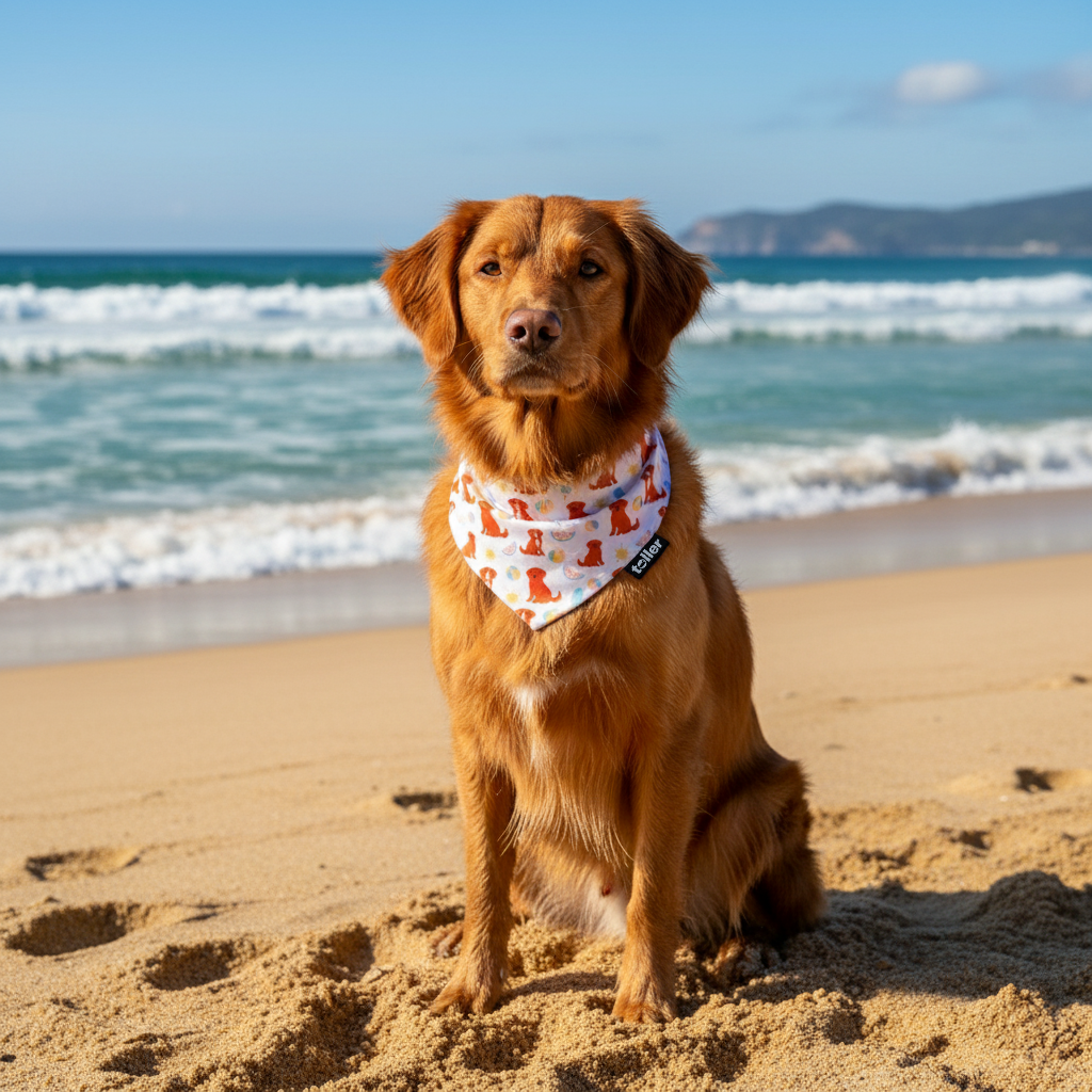 Brown dog sitting on a sandy beach with ocean waves and mountains in the background