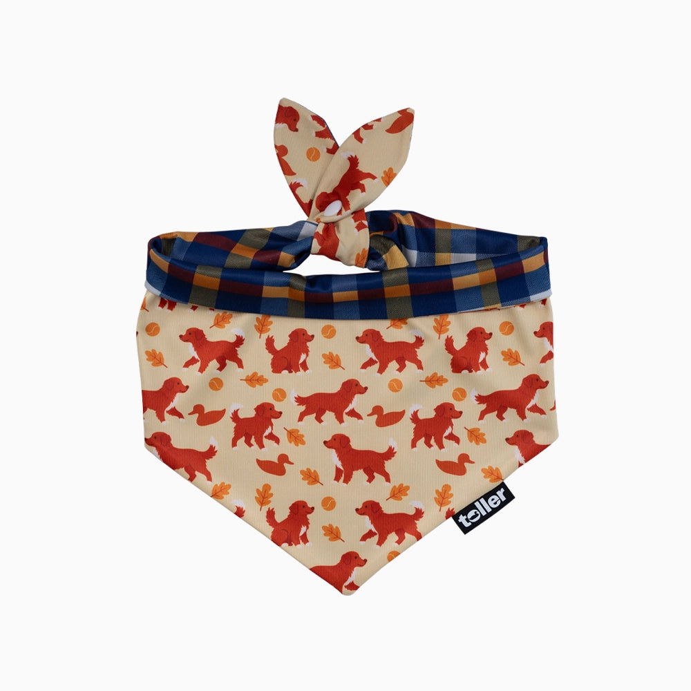 Dog bandana with red dog pattern on a beige background, featuring a checkered border and a brand label.