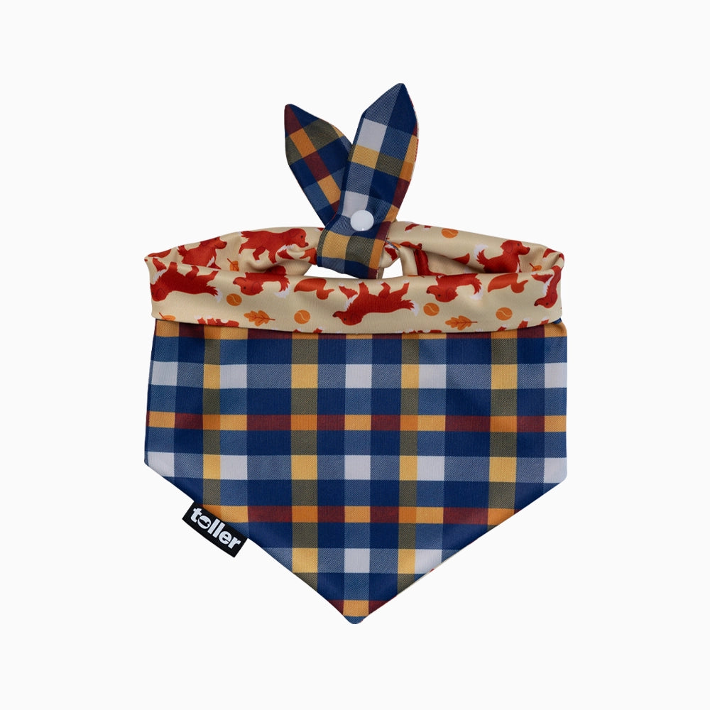 Dog bandana with plaid pattern and floral inner layer on a white background