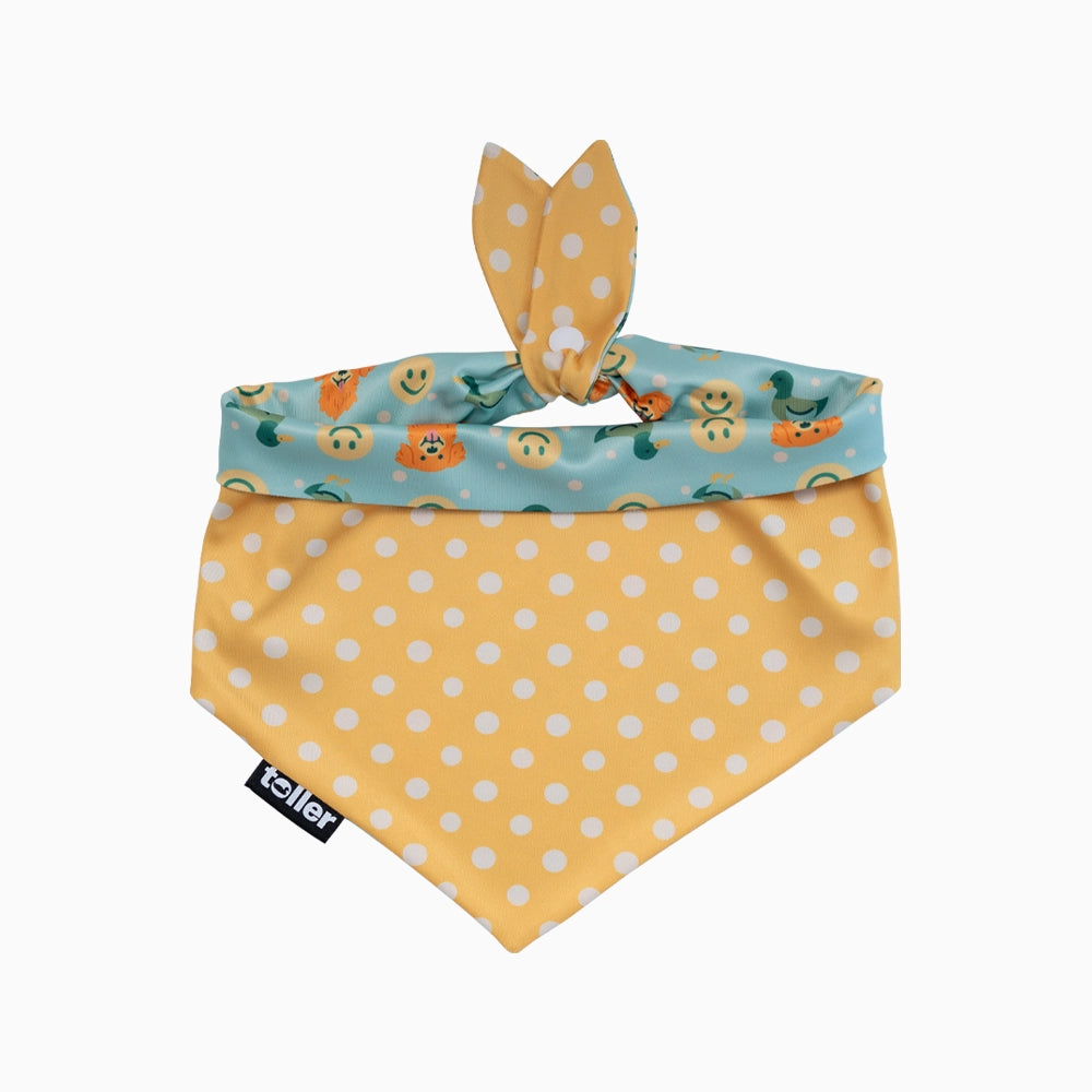Dog bandana with yellow polka dot front and blue back featuring cartoon characters on a white background