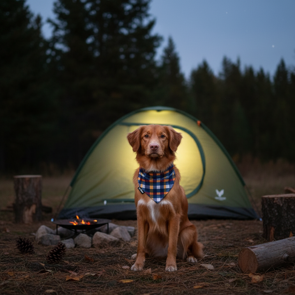 Dog sitting in front of a tent with a campfire at night
