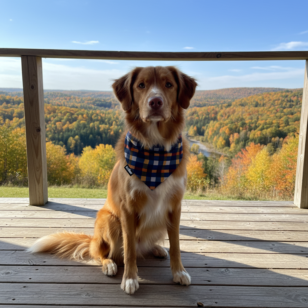 Dog sitting on a wooden deck with a scenic view of trees in autumn colors.