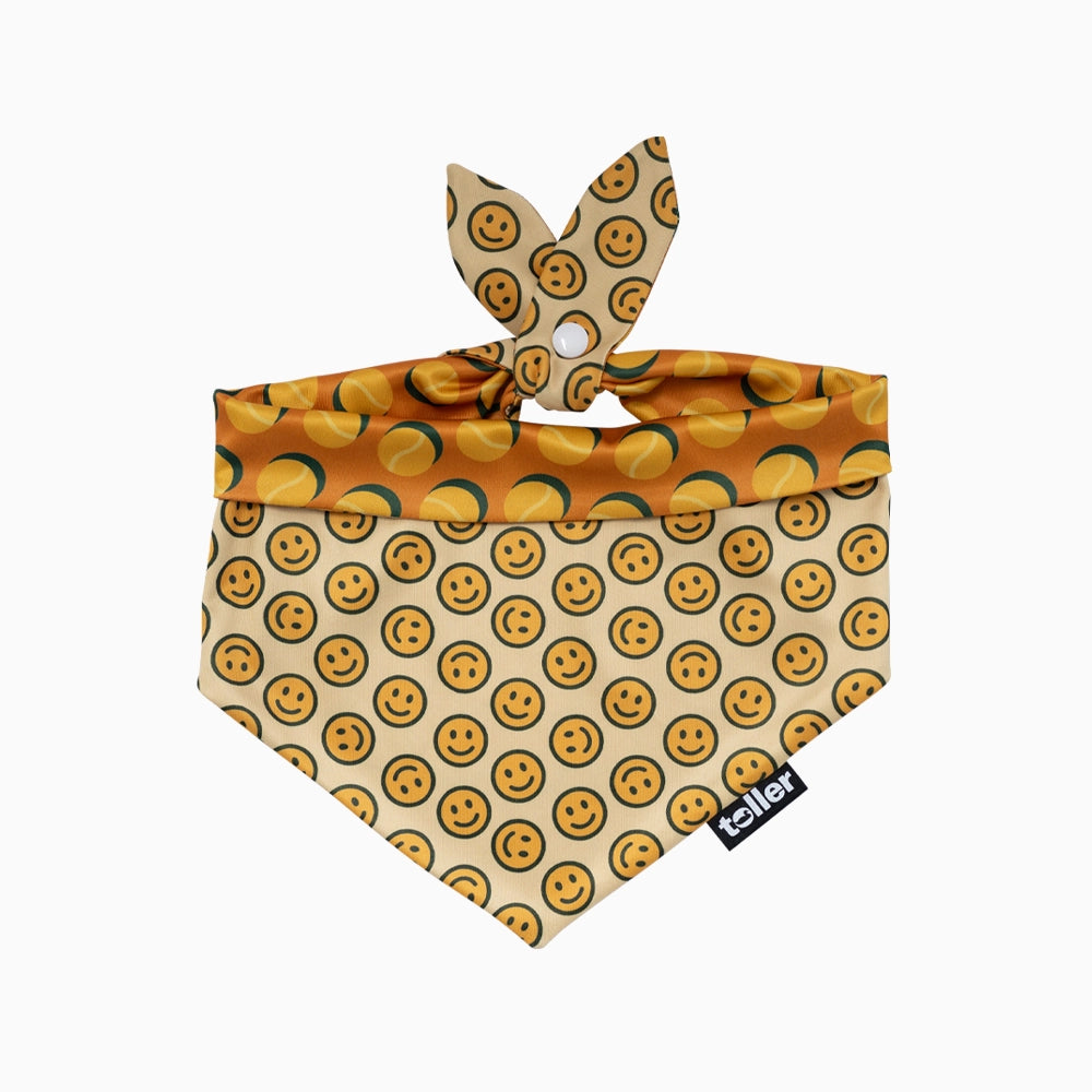 Dog bandana with smiley face pattern and tennis balls