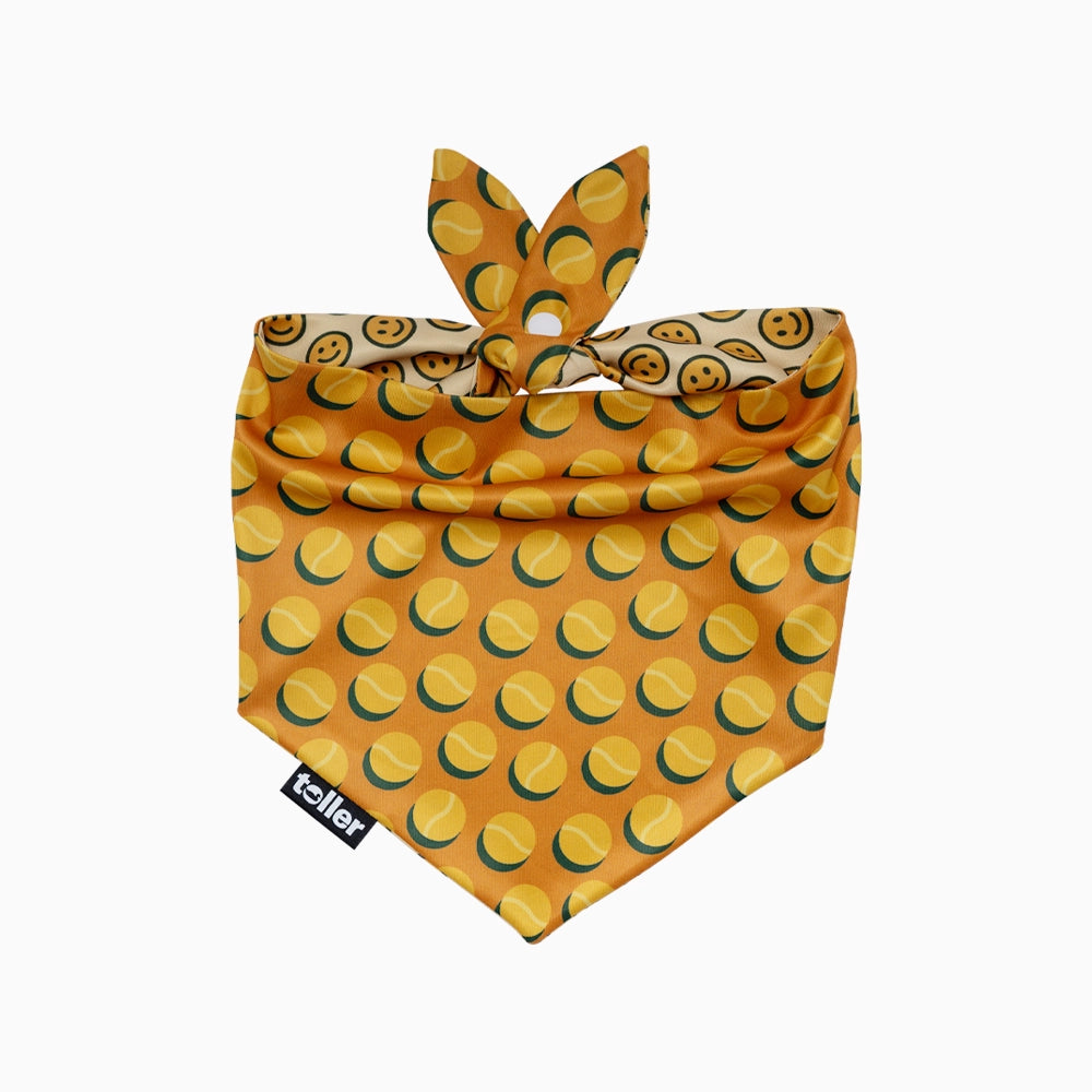 Dog bandana with tennis ball pattern.