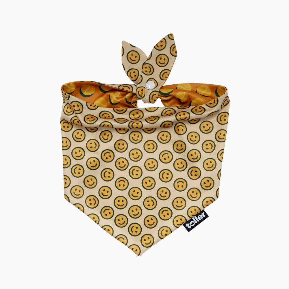 Dog bandana with smiley face pattern on a beige background