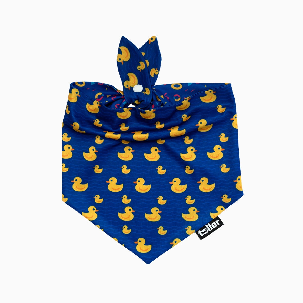 Blue bandana with yellow duck pattern on a white background