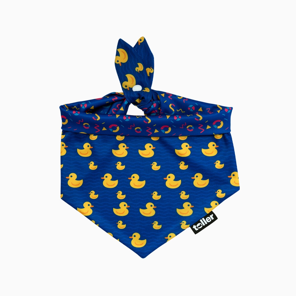 Blue bandana with yellow duck pattern on a white background