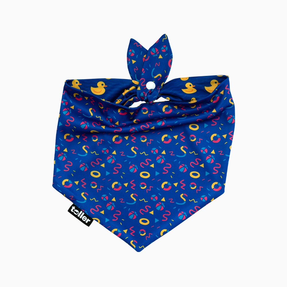 Blue bandana with colorful patterns on a white background