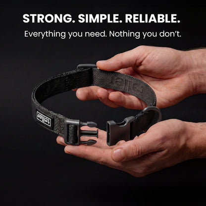 Black dog collar held in hands with brand name on a black background
