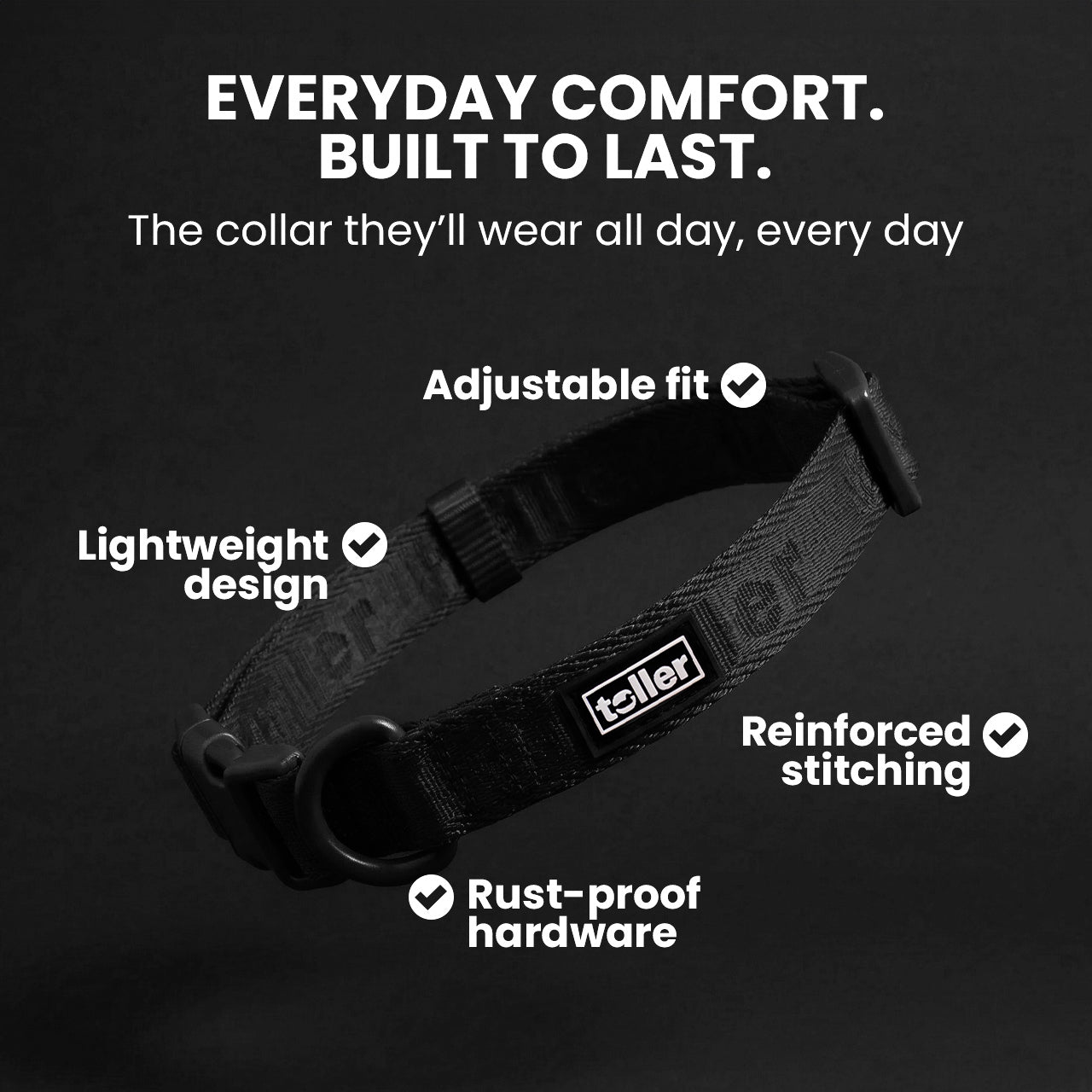 Black dog collar with features listed on a black background