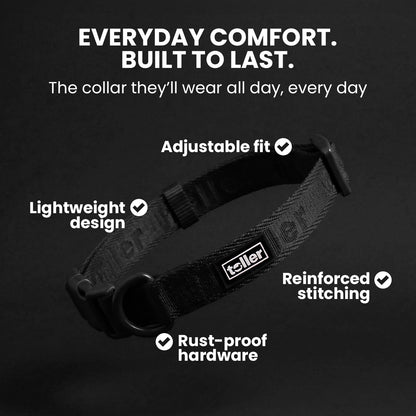 Black dog collar with features listed on a black background