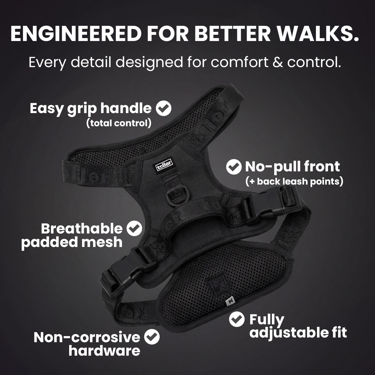 Black dog harness with features highlighted on a dark background