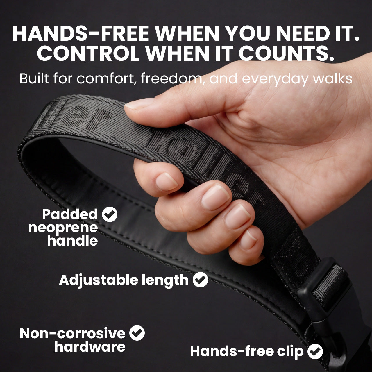 Black strap with text highlighting features on a dark background