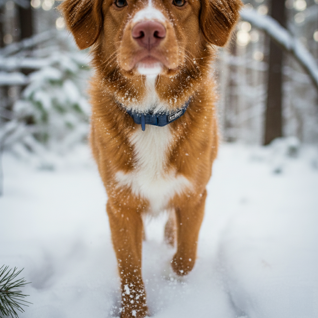 Brown dog with a blue collar standing in the snow