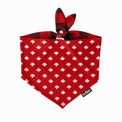 Red bandana with white leaf pattern and plaid bow on a white background