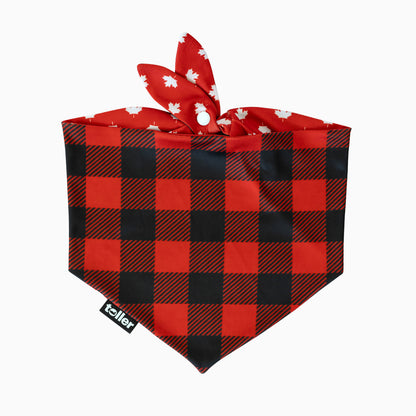 Red and black checkered bandana with white floral pattern on top, on a white background.