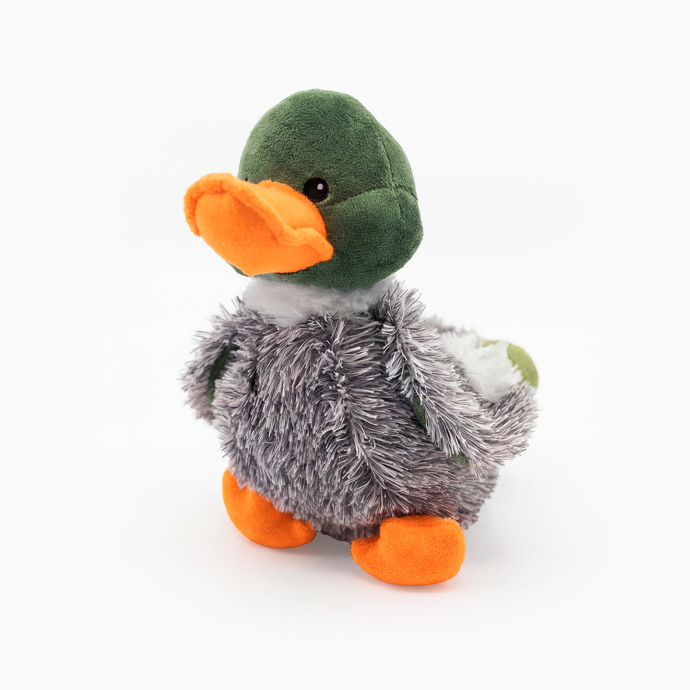 Plush toy duck with green head, orange beak and feet on a white background