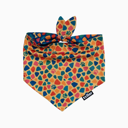 Colorful dog bandana with paw prints and bones on a white background