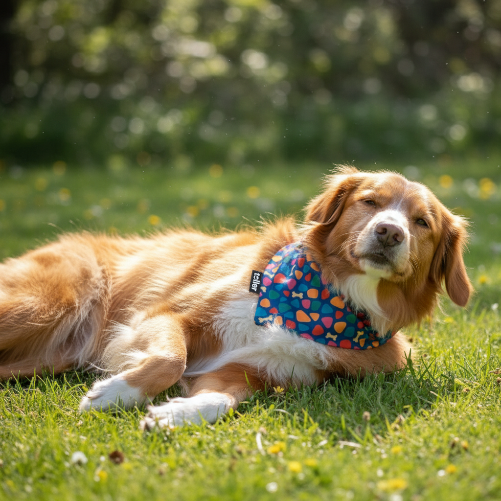 Dog lying on grass wearing a colorful bandana