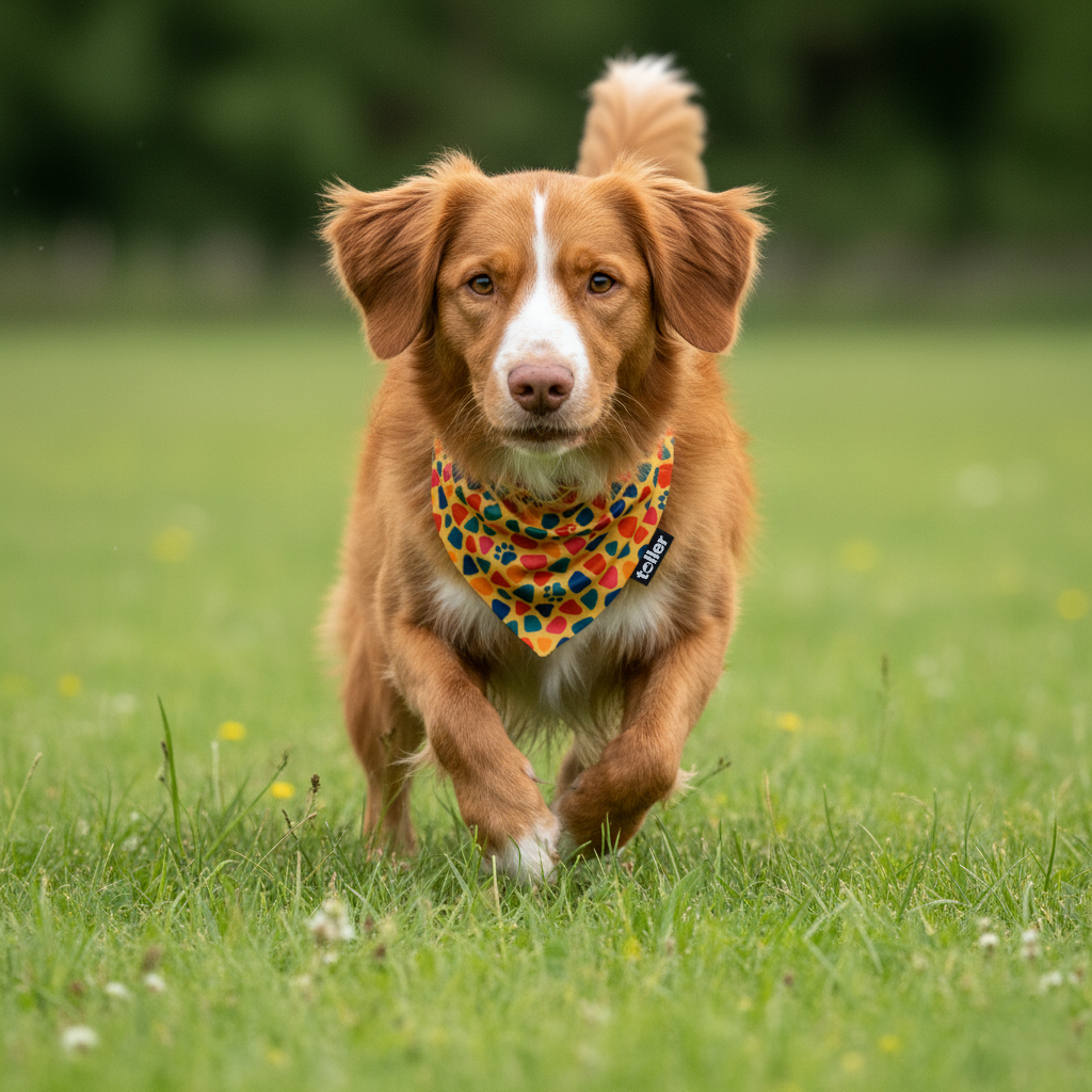 Dog running on a grassy field wearing a colorful bandana