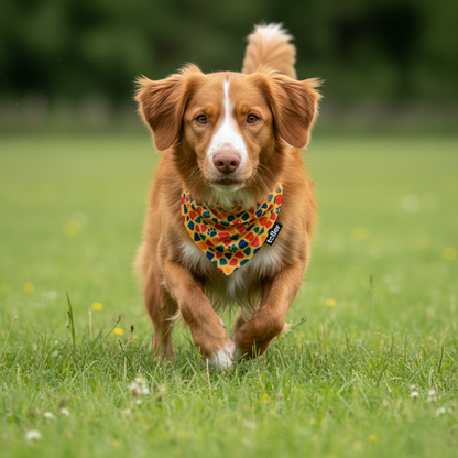 Dog running on a grassy field wearing a colorful bandana