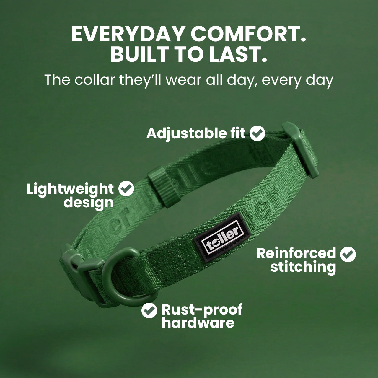 Green dog collar with features listed on a green background
