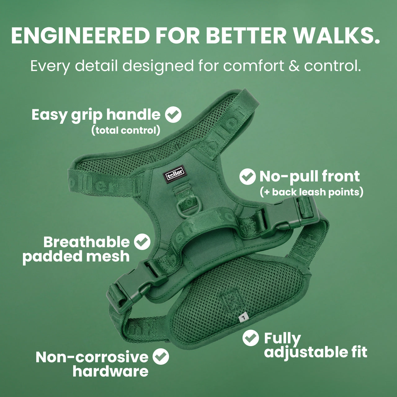 Green dog harness with features listed on a green background