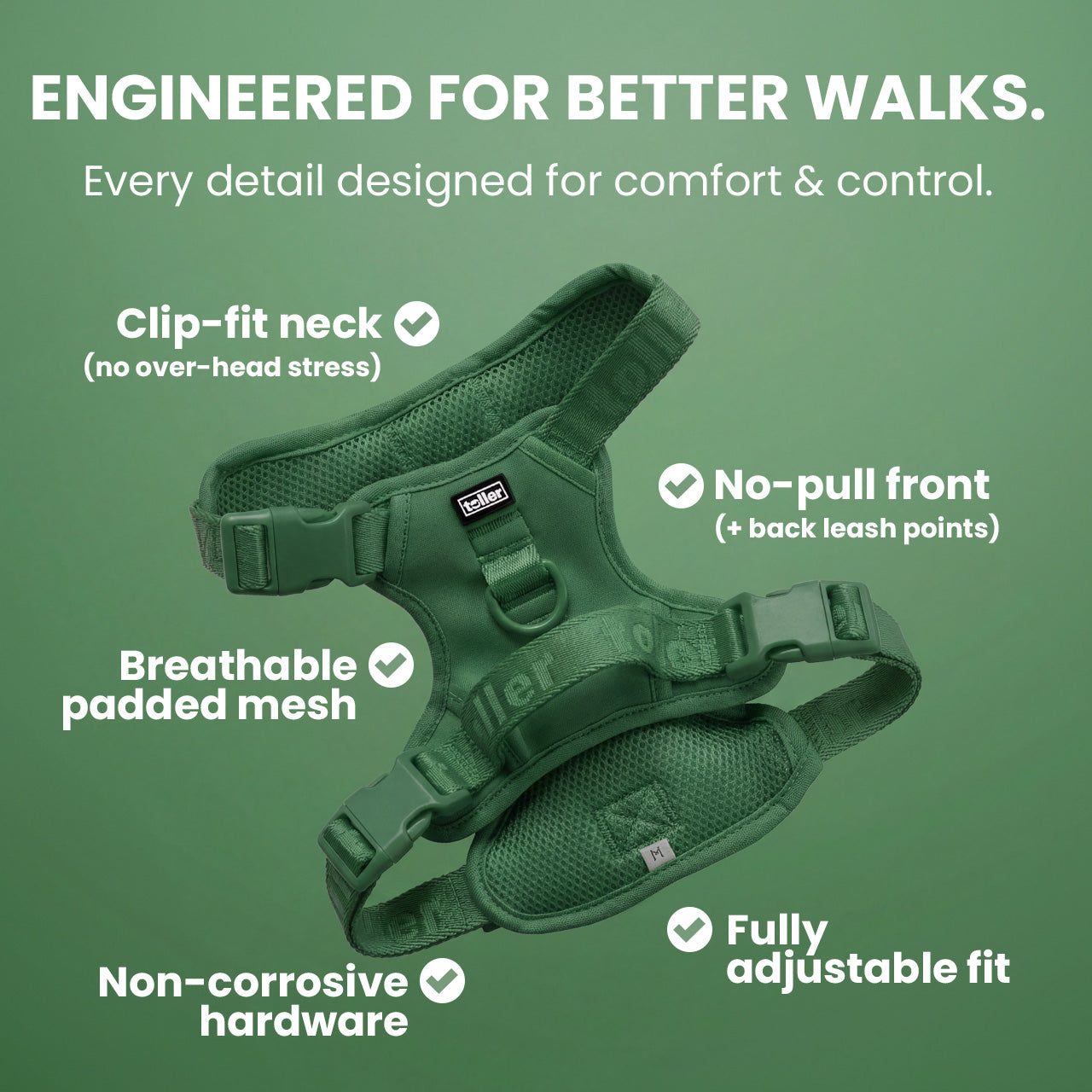Green dog harness with features listed on a green background