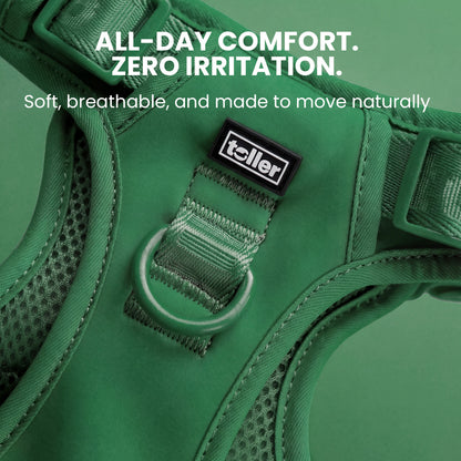 Green dog harness with 'Toller' brand label on a green background, featuring text about comfort and irritation.