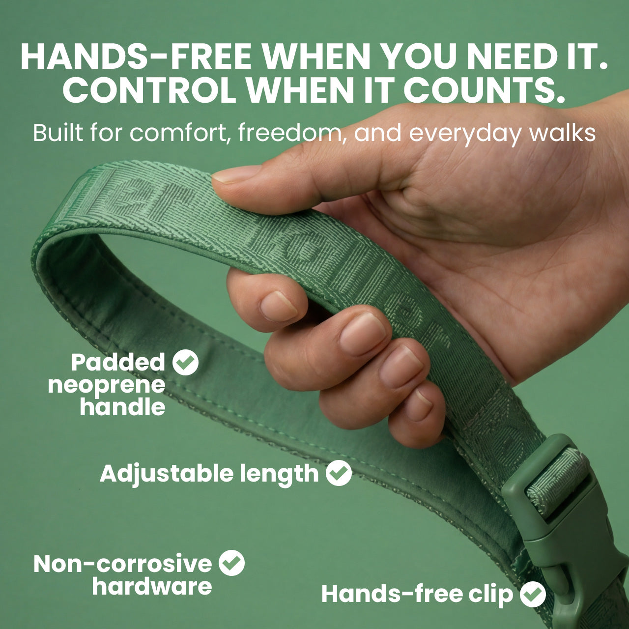 Green strap with a hand holding it, featuring text about comfort, freedom, and everyday use on a green background.
