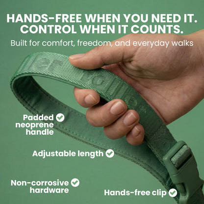 Green strap with a hand holding it, featuring text about comfort, freedom, and everyday use on a green background.