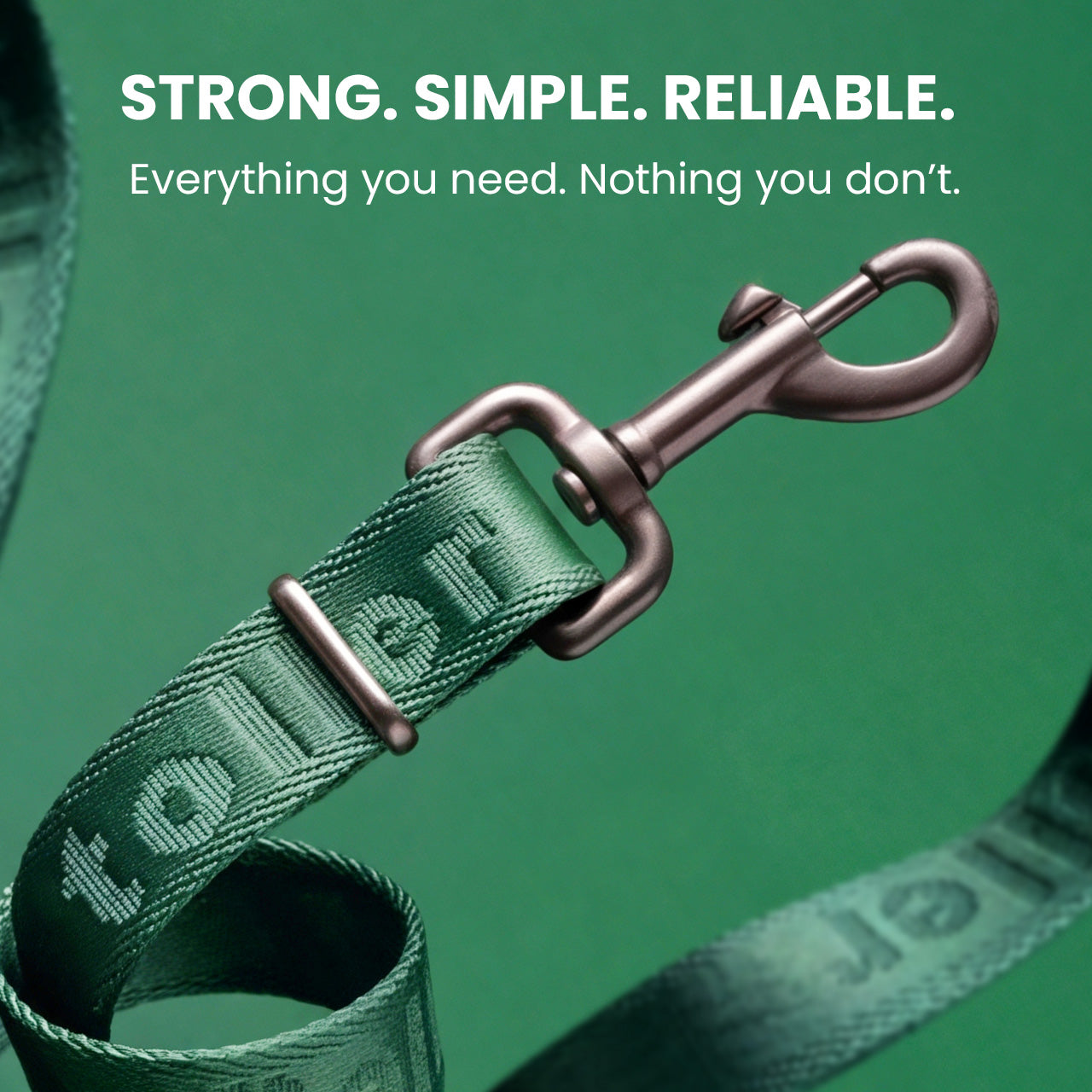 Green dog leash with metal clip on a green background, featuring text about strength and reliability.
