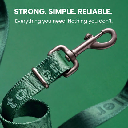 Green dog leash with metal clip on a green background, featuring text about strength and reliability.