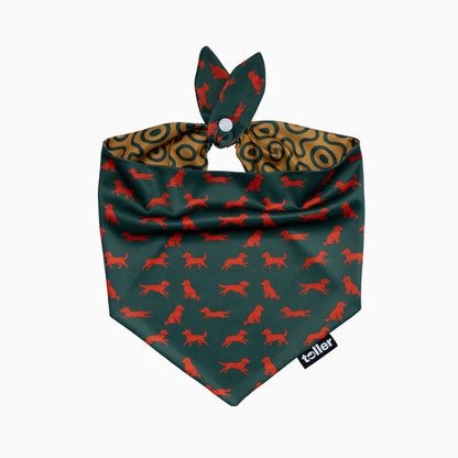 Dog bandana with red dog pattern on green background, featuring a brand label.
