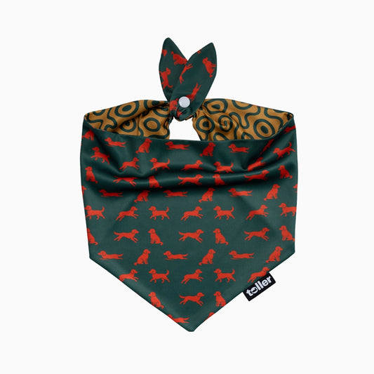 Dog bandana with red dog pattern on green background, featuring a brand label.