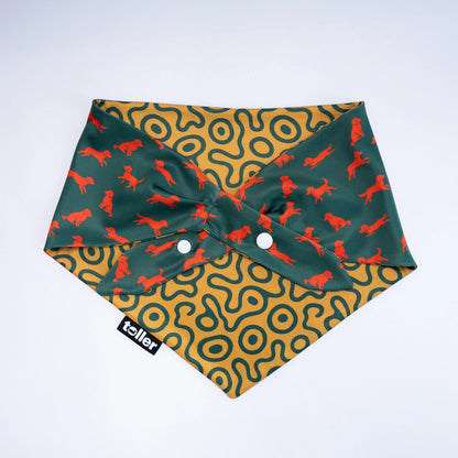 Dog bandana with red dog pattern on green and yellow abstract design, featuring the brand 'Toller'.