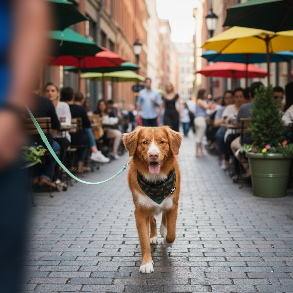 Dog walking on a street with people and outdoor seating in the background