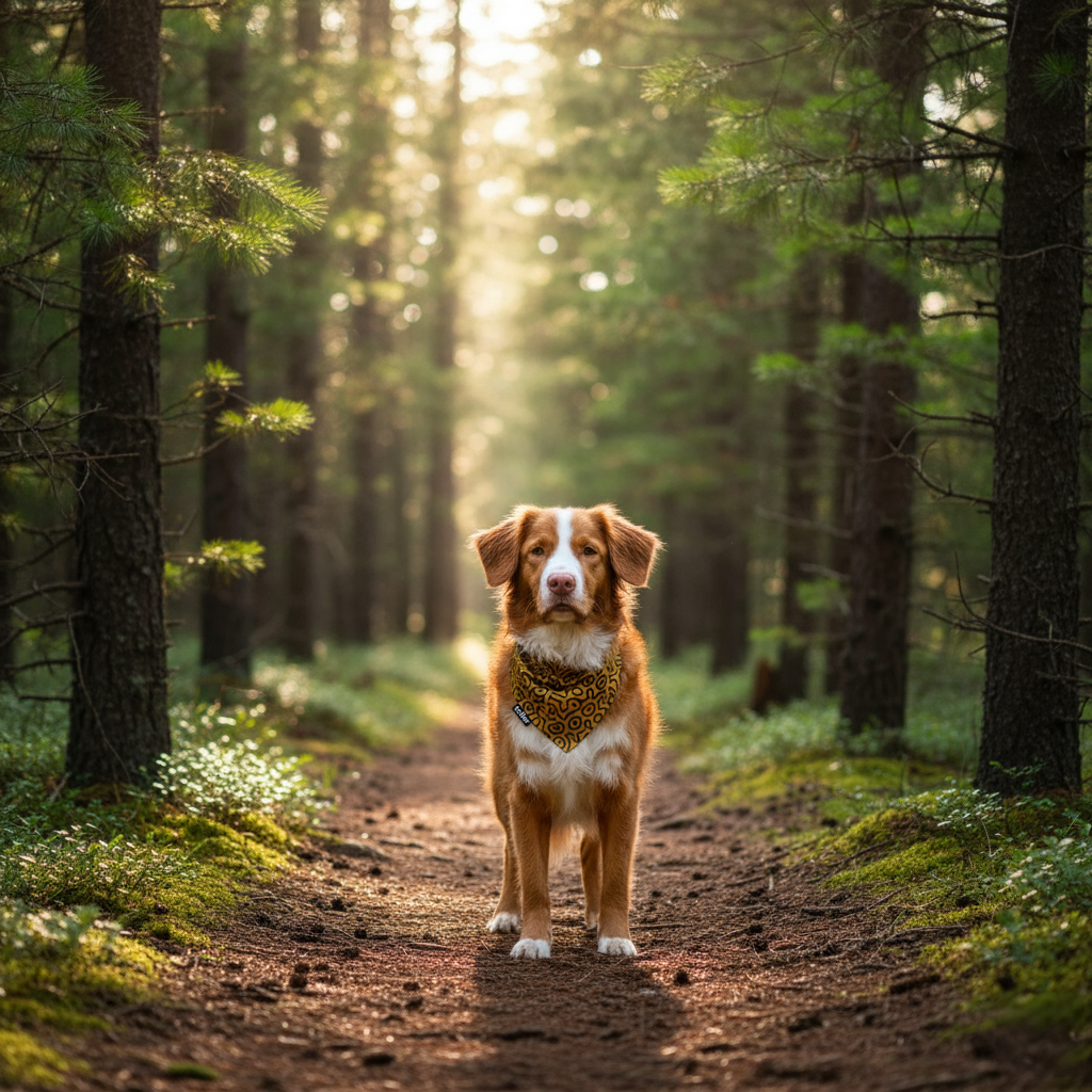 Dog standing on a path in a forest with sunlight filtering through the trees