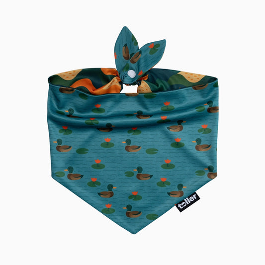 Blue bandana with duck pattern.
