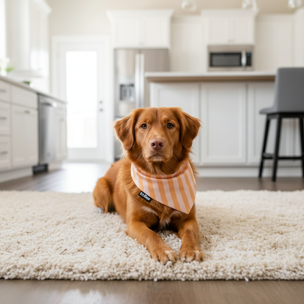 Brown dog wearing a striped bandana sitting on a beige carpet in a kitchen.