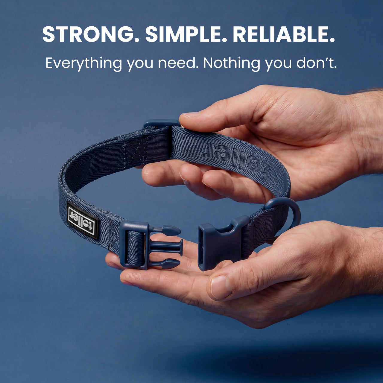 Person holding a black dog collar with 'Ruffwear' branding against a blue background, featuring text about product attributes.