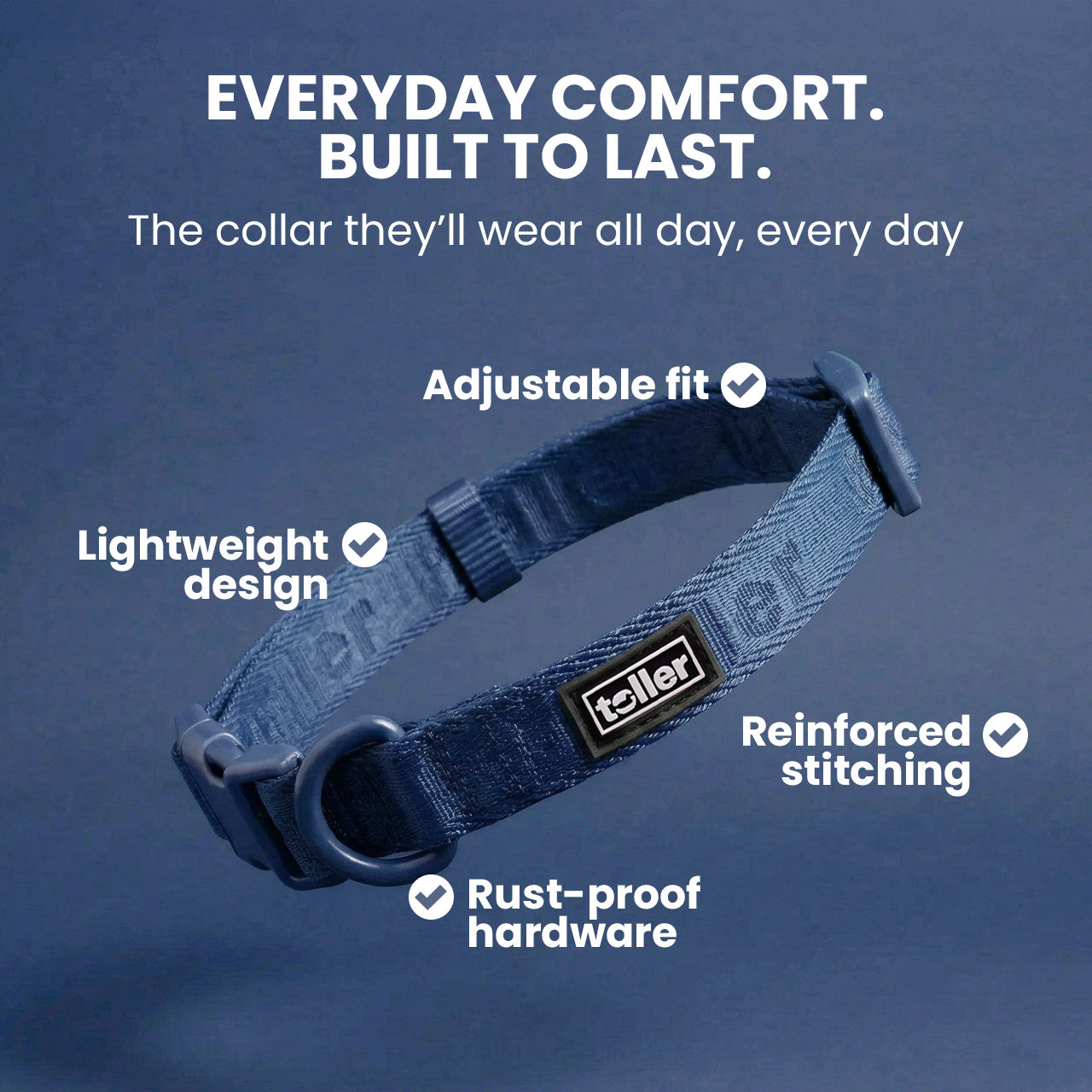 Blue dog collar with features listed on a blue background