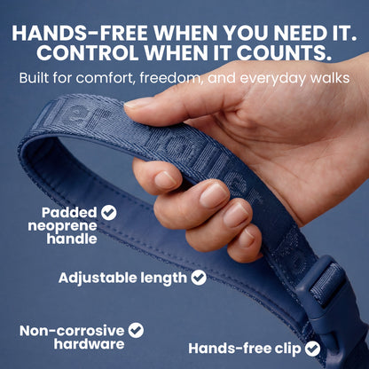 Hand holding a blue dog leash with text highlighting features on a dark blue background