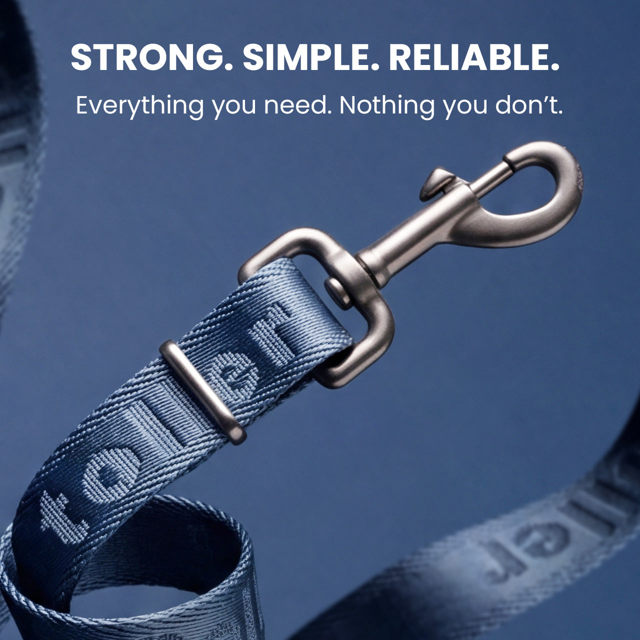 Blue dog leash with metal clip on a blue background, featuring text about strength and reliability.
